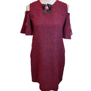 Rapthietke ruffle with flowers cold shoulder burgundy dress with pockets